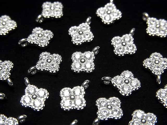 Silver 925 Flower Charm (8x6x2mm, with CZ), No Coating, 2pcs