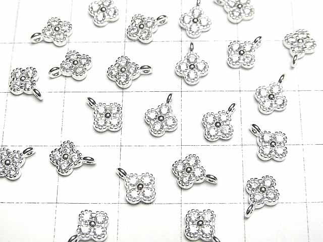 Silver 925 Flower Charm (8x6x2mm, with CZ), No Coating, 2pcs