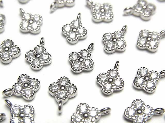 Silver 925 Flower Charm (8x6x2mm) with CZ, Rhodium Plated, 2pcs
