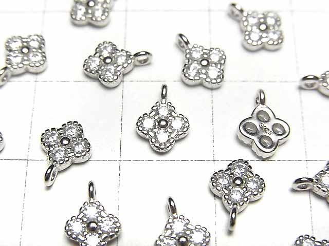 Silver 925 Flower Charm (8x6x2mm) with CZ, Rhodium Plated, 2pcs