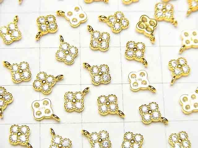 Silver 925 Flower Charm (8x6x2mm) with CZ, 18KGP, 2pcs