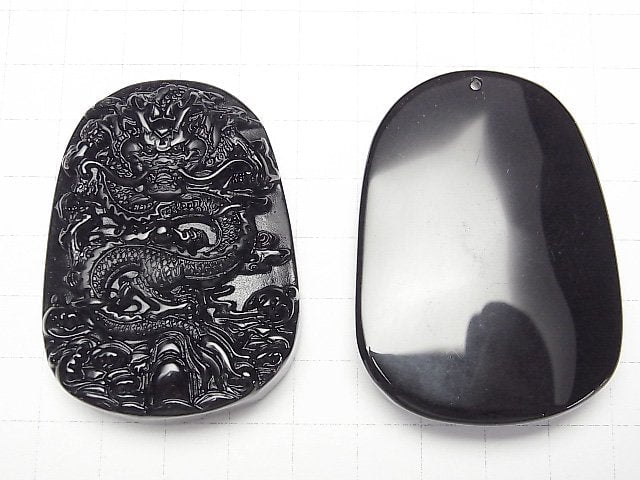 Drachen geschnitzt! Schwarzer Obsidian AAA Platte 57x41x12mm 1 Stück
