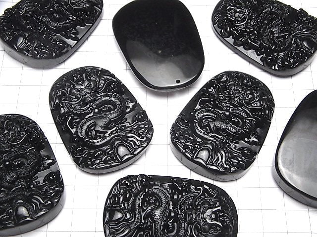 Drachen geschnitzt! Schwarzer Obsidian AAA Platte 57x41x12mm 1 Stück