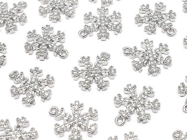 Metal Snow Crystal Charm, 14x11mm, Silver Color (with CZ), 1pc