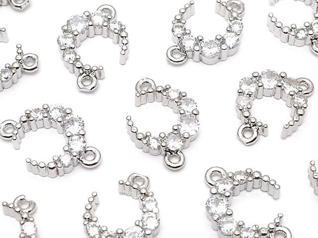 Metal Crescent Moon Motif Both Side Charms 14x10mm Silver (with CZ) 2pcs