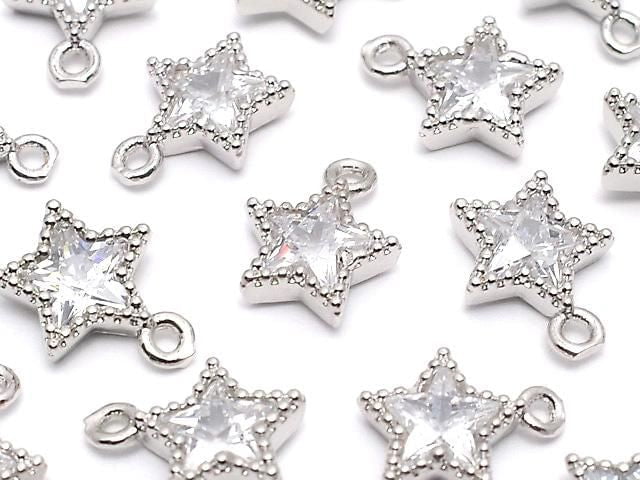 Metal parts, star motif charm, 9x7.5mm, silver color (with CZ), 3pcs