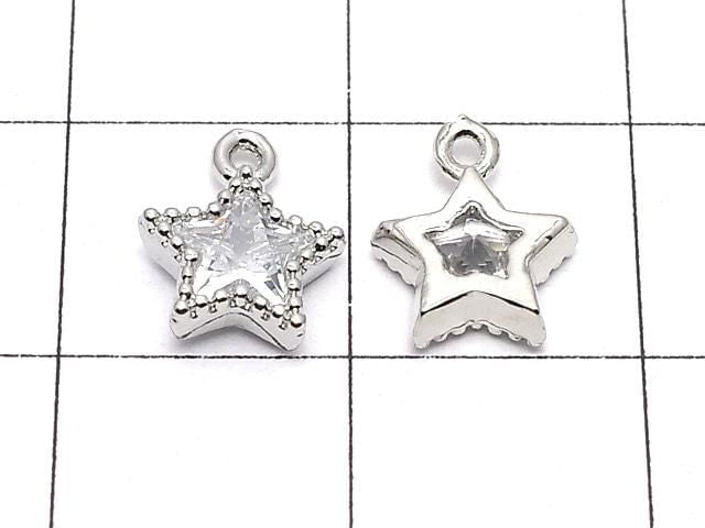 Metal parts, star motif charm, 9x7.5mm, silver color (with CZ), 3pcs