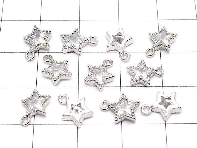 Metal parts, star motif charm, 9x7.5mm, silver color (with CZ), 3pcs