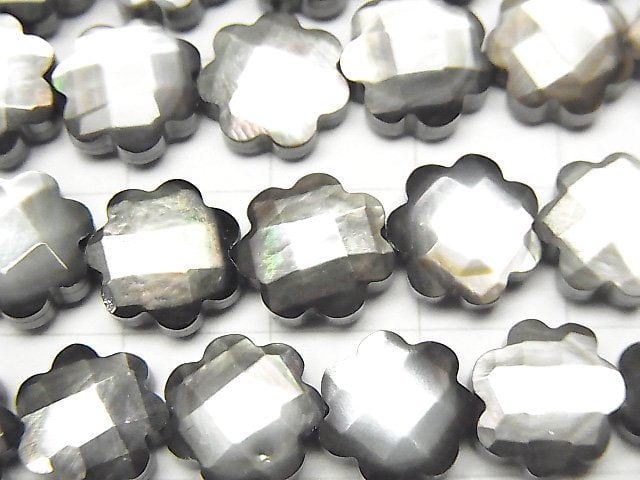 Hochwertige schwarze Muschelblume (facettiert) 10x10x4mm Hälfte oder 1 Strang Perlen (ca. 15 Zoll / 38 cm)