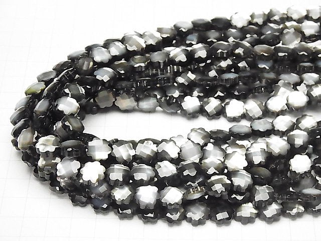 Hochwertige schwarze Muschelblume (facettiert) 10x10x4mm Hälfte oder 1 Strang Perlen (ca. 15 Zoll / 38 cm)