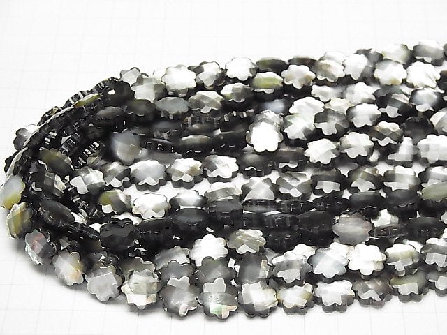 Hochwertige schwarze Muschelblume (facettiert) 12x12x4mm Hälfte oder 1 Strang Perlen (ca. 15 Zoll / 38 cm)