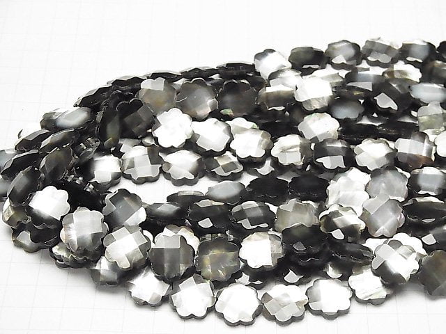 Hochwertige schwarze Muschelblume (facettiert) 15x15x4mm Hälfte oder 1 Strang Perlen (ca. 15 Zoll / 38 cm)