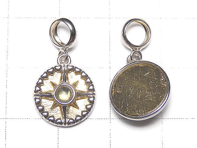 Meteorite & Moldavite 1 Stone! Compass Pendant 11x11mm Yellow Gold Silver 925