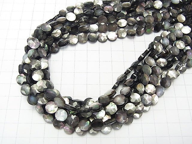 High quality Black Shell (Black-lip Oyster) Faceted Coin (star pattern) 8x8mm half or 1strand beads (aprx.15inch / 38cm)