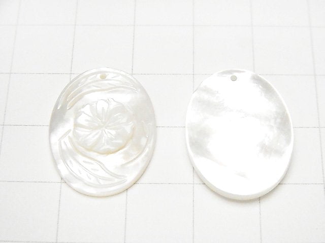 Hochwertige weiße Muschel (Silberlippen-Auster) AAA Blumen-Schnitzerei Oval 22x16x1,5mm 1Stk