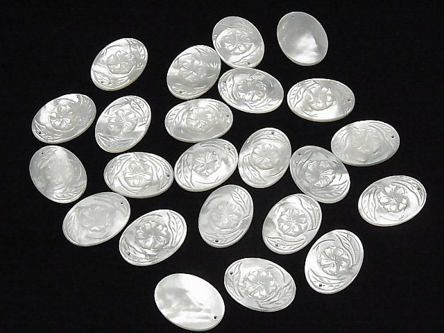 Hochwertige weiße Muschel (Silberlippen-Auster) AAA Blumen-Schnitzerei Oval 22x16x1,5mm 1Stk