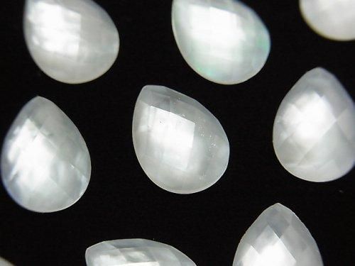 Nacre blanche x Quartz cristal AAA- Cabochon facetté en forme de poire 14x10mm 3pcs