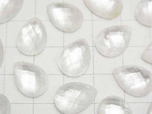Nacre blanche x Quartz cristal AAA- Cabochon facetté en forme de poire 14x10mm 3pcs