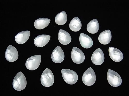 Nacre blanche x Quartz cristal AAA- Cabochon facetté en forme de poire 14x10mm 3pcs