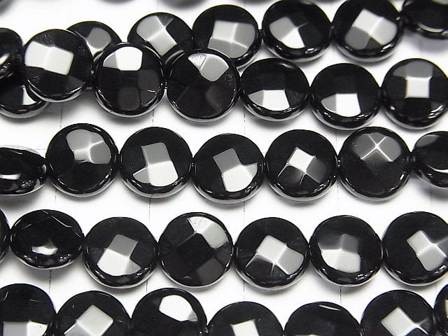 Onyx Faceted Coin 8x8x4mm half or 1strand beads (aprx.15inch/36cm)
