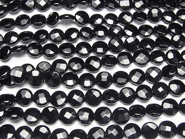 Onyx Faceted Coin 8x8x4mm half or 1strand beads (aprx.15inch/36cm)