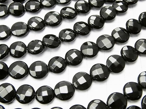 Onyx Faceted Coin 10x10x5mm half or 1strand beads (aprx.15inch/36cm)