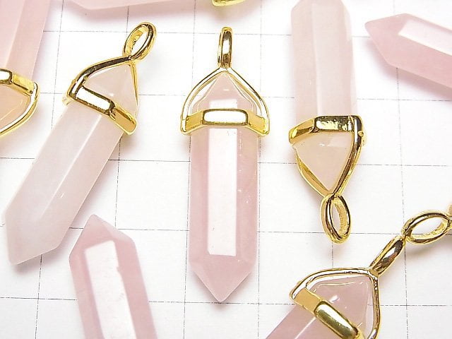 Rose Quartz AA+ Double Point Pendant 32x8x8mm Gold Color 3pcs
