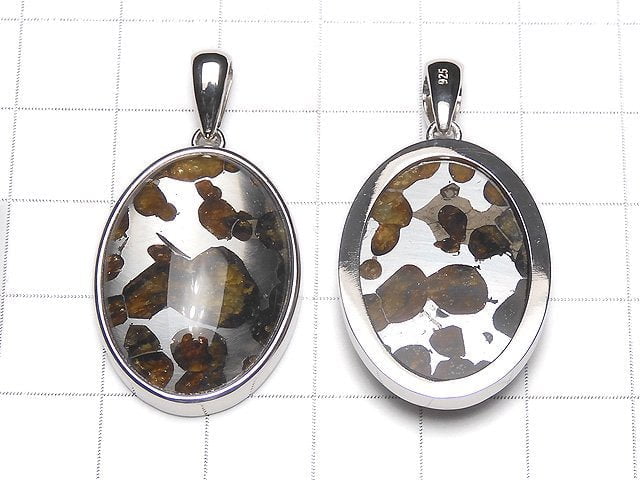 Kenya Sericho Pallasit Meteoriten Ovalanhänger 27x20mm Silber925