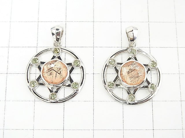 Meteorite (Muonionalusta ) & Moldavite 6 stones! Hexagram Pendant 20x20x5mm Pink Gold 1pc