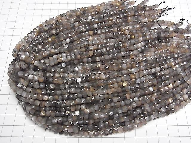 銀色和金色光澤灰色月光石 AAA 立方體形狀 4x4x4mm 半串或 1 串珠子 (約 15 英寸/36 公分) 高品質!