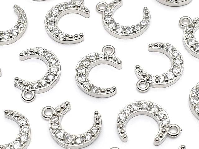 Metal Crescent Moon Charm, 13x10mm, Silver (with CZ), 2 pieces
