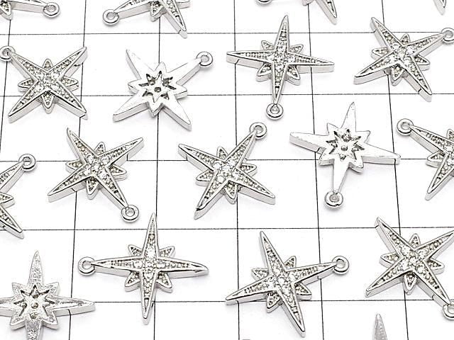 Metal parts, star motif charm, 16x15mm, silver color (with CZ), 2pcs