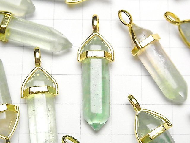 Grüner Fluorit AA+ Doppelspitzen-Anhänger 32x8x8mm goldfarben 3 Stück