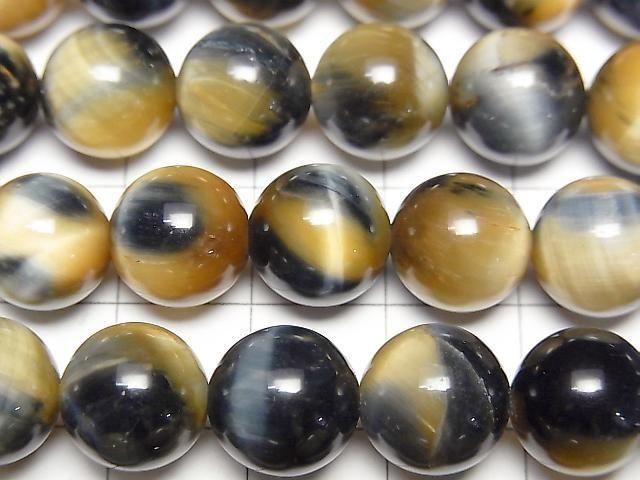 銀藍色與金色虎眼石 AA++ 圓珠 10公釐 1串珠子 (約 14 英寸/35 公分)