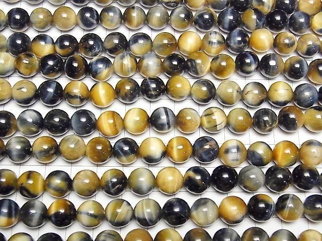 銀藍色與金色虎眼石 AA++ 圓珠 10公釐 1串珠子 (約 14 英寸/35 公分)