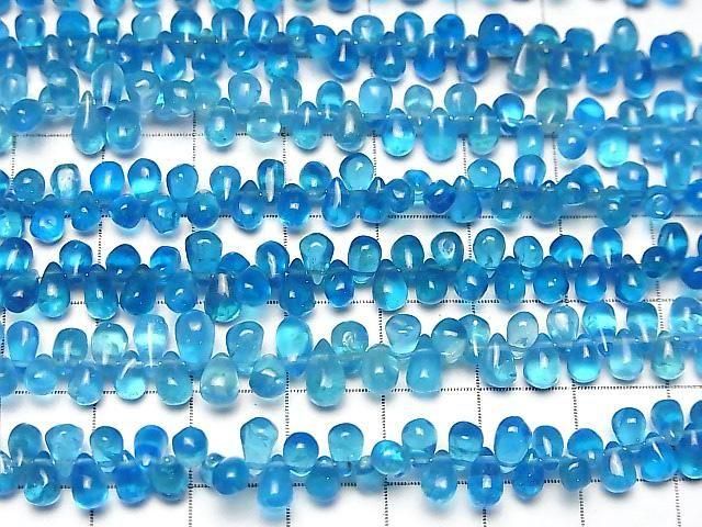 高品質霓虹藍磷灰石 AAA-水滴 (平滑) 半串或1串珠子 (約7英吋/18公分)