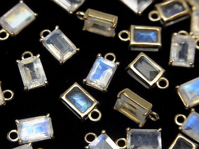Hochwertiger Regenbogen-Mondstein AA++ Zargenfassung rechteckig facettiert 7x5mm 18KGP 2Stk