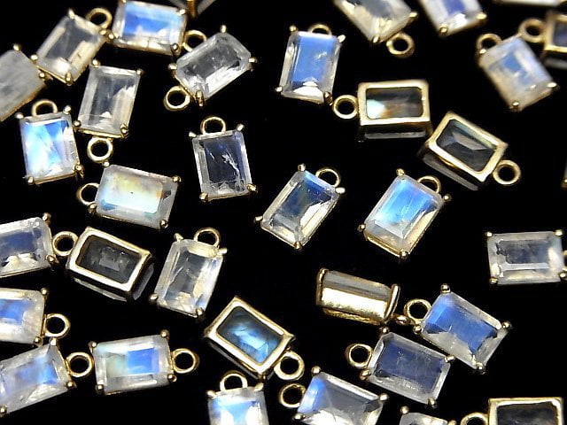 Hochwertiger Regenbogen-Mondstein AA++ Zargenfassung rechteckig facettiert 7x5mm 18KGP 2Stk