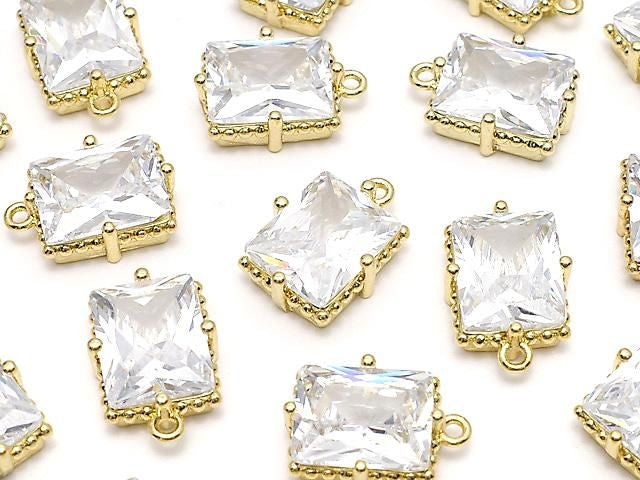 長方形刻面金屬飾品 12x10mm 金色 (帶鋯石) 2 個
