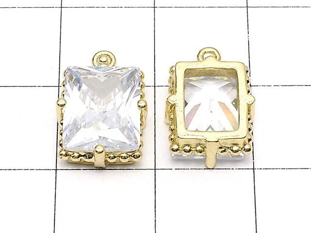 長方形刻面金屬飾品 12x10mm 金色 (帶鋯石) 2 個