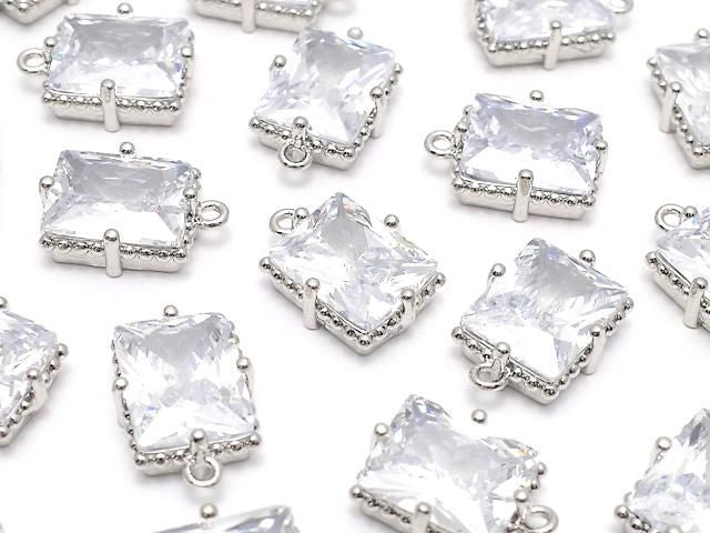 金屬長方刻面吊飾 12x10mm 銀色 (鑲嵌鋯石) 2顆