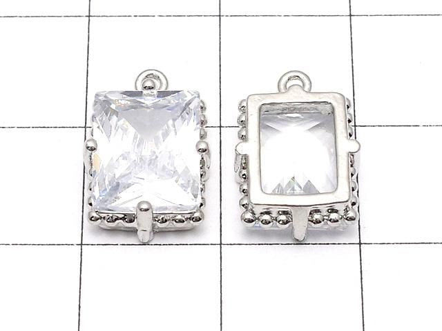 金屬長方刻面吊飾 12x10mm 銀色 (鑲嵌鋯石) 2顆