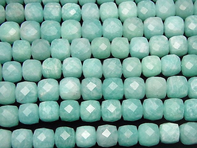 Hochwertig! Amazonit AA++ Würfelform 8x8x8mm halb oder 1 Strang Perlen (ca. 7 Zoll / 18 cm)