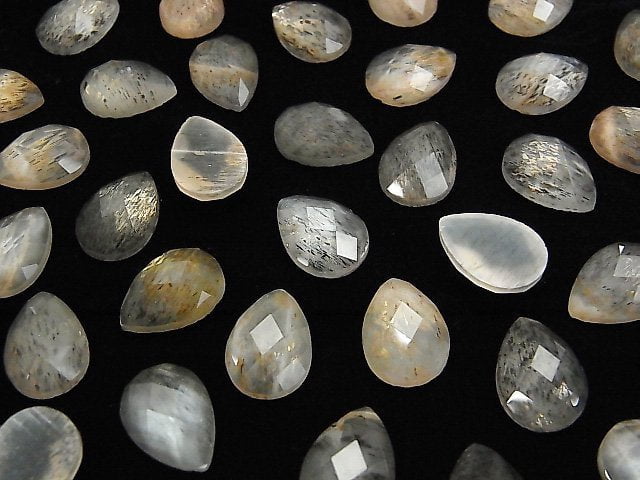 Moonstone x Crystal AAA Pear shape Faceted Cabochon 14x10mm 2pcs