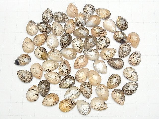Moonstone x Crystal AAA Pear shape Faceted Cabochon 14x10mm 2pcs