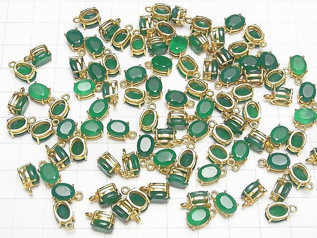 Hochwertiger grüner Onyx AAA Zargenfassung oval facettiert 8x6mm 18KGP 2 Stück
