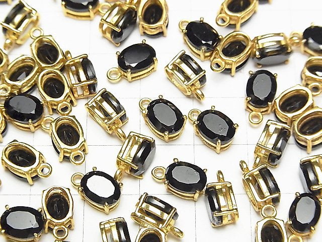Hochwertiger schwarzer Spinell AAA Zargenfassung oval facettiert 8x6mm 18KGP 2 Stück