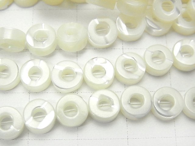 珍珠母貝MOP白色圓形錢幣 (甜甜圈) 6x6x2.5mm 1串珠子 (約15英吋 / 37公分)