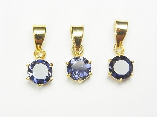 高品質堇青石 AAA 圓形刻面吊墜 7x6x4mm 18KGP