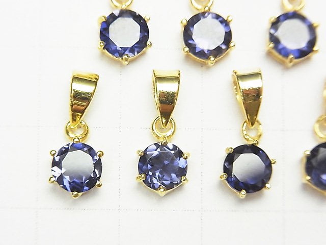 Hochwertiger Iolith AAA Rund Facettiert Anhänger 7x6x4mm 18KGP